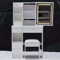 Compact Touch Control LED Mirror Vanity Table With Cushioned Stool Tri-Color Brightness Adjustable Multi Layer Design For Small Spaces