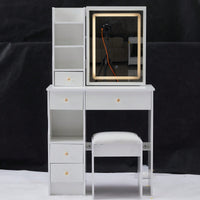 Compact Touch Control LED Mirror Vanity Table With Cushioned Stool Tri-Color Brightness Adjustable Multi Layer Design For Small Spaces