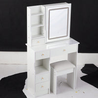 Compact Touch Control LED Mirror Vanity Table With Cushioned Stool Tri-Color Brightness Adjustable Multi Layer Design For Small Spaces