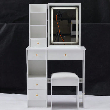 Compact Touch Control LED Mirror Vanity Table With Cushioned Stool Tri-Color Brightness Adjustable Multi Layer Design For Small Spaces
