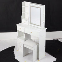Compact Touch Control LED Mirror Vanity Table With Cushioned Stool Tri-Color Brightness Adjustable Multi Layer Design For Small Spaces