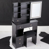 Compact Touch Control LED Mirror Vanity Table With Cushioned Stool Tri-Color Brightness Adjustable Multi Layer Design For Small Spaces