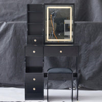 Compact Touch Control LED Mirror Vanity Table With Cushioned Stool Tri-Color Brightness Adjustable Multi Layer Design For Small Spaces