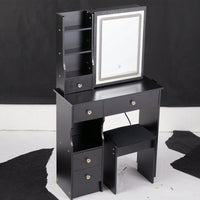 Compact Touch Control LED Mirror Vanity Table With Cushioned Stool Tri-Color Brightness Adjustable Multi Layer Design For Small Spaces
