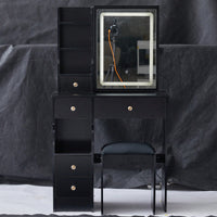 Compact Touch Control LED Mirror Vanity Table With Cushioned Stool Tri-Color Brightness Adjustable Multi Layer Design For Small Spaces