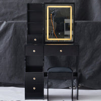 Compact Touch Control LED Mirror Vanity Table With Cushioned Stool Tri-Color Brightness Adjustable Multi Layer Design For Small Spaces
