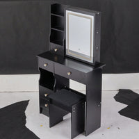 Compact Touch Control LED Mirror Vanity Table With Cushioned Stool Tri-Color Brightness Adjustable Multi Layer Design For Small Spaces