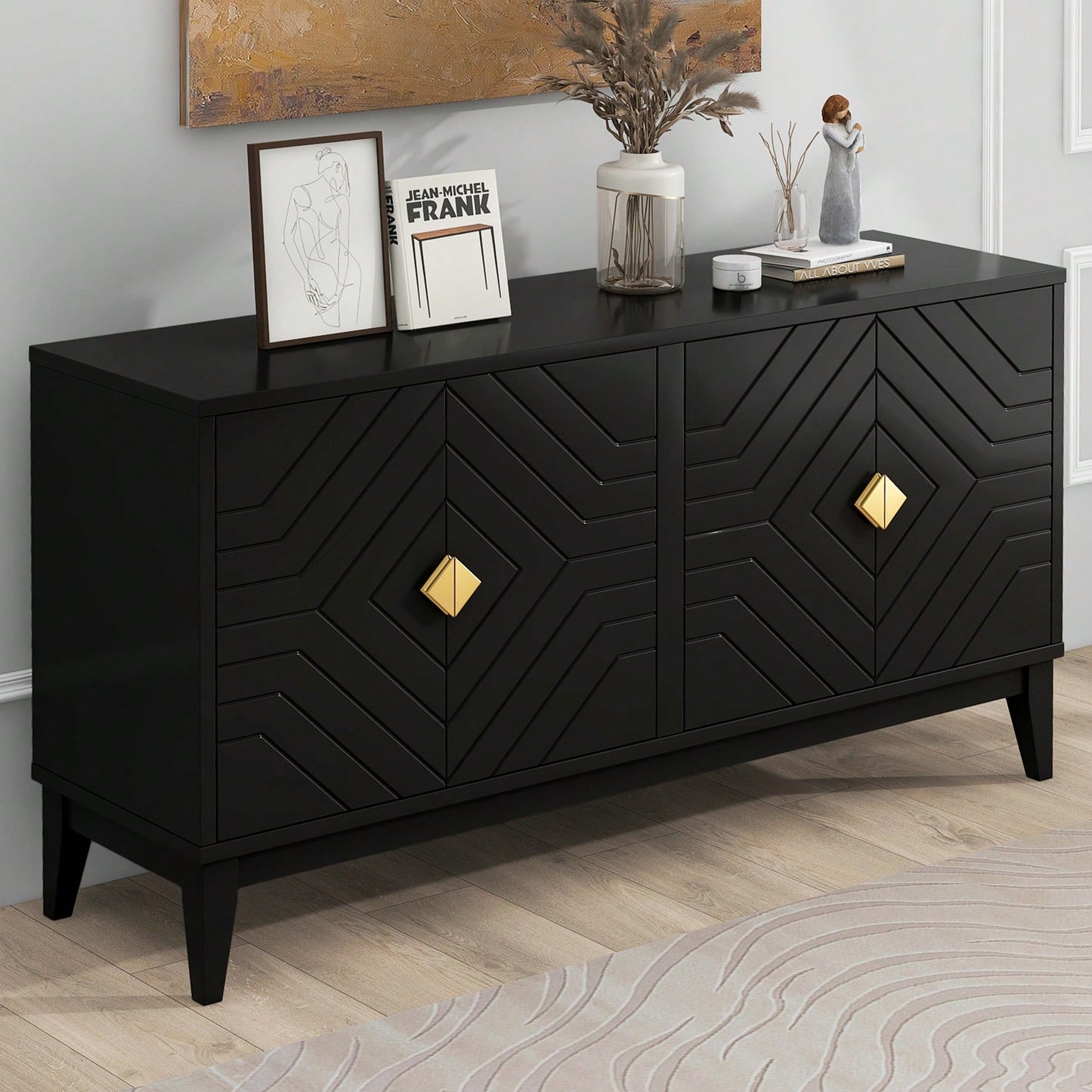 Elegant Black 4-Door Sideboard Storage Cabinet With Gold Handles And Adjustable Shelves For Living And Dining Rooms