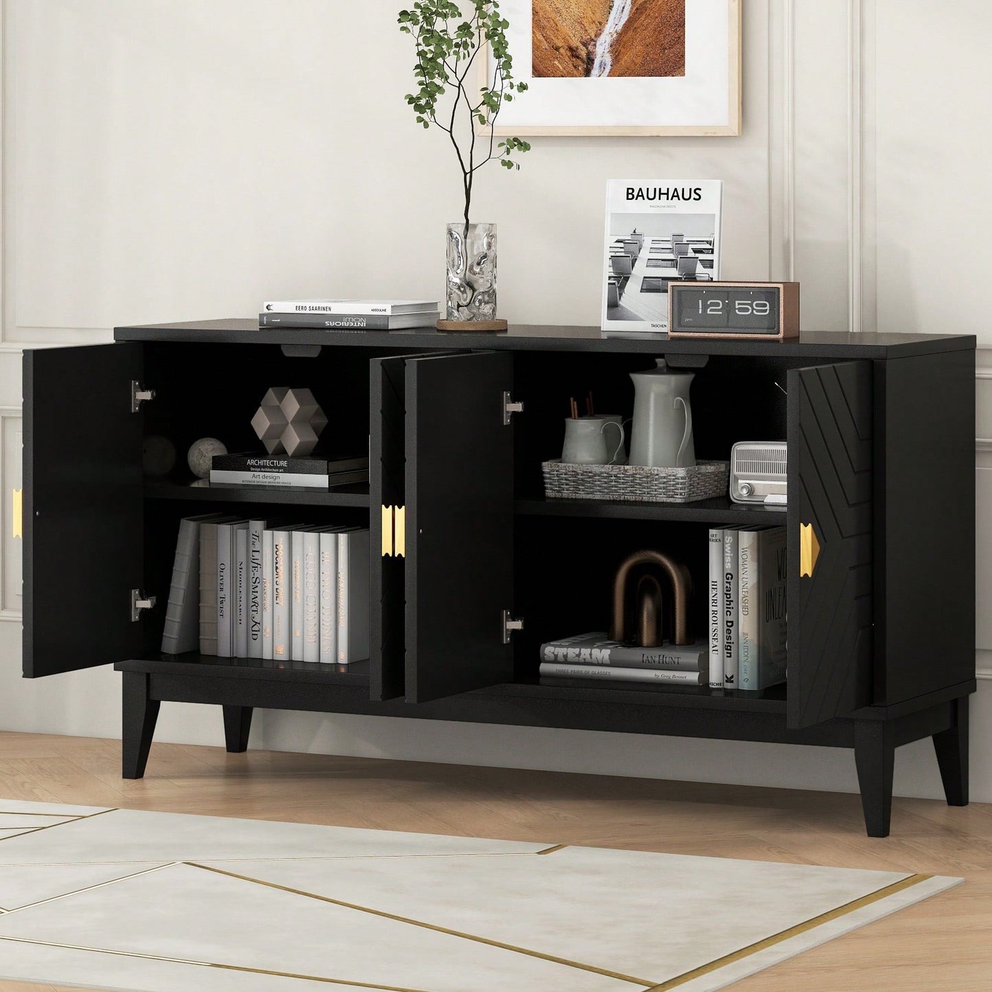 Elegant Black 4-Door Sideboard Storage Cabinet With Gold Handles And Adjustable Shelves For Living And Dining Rooms