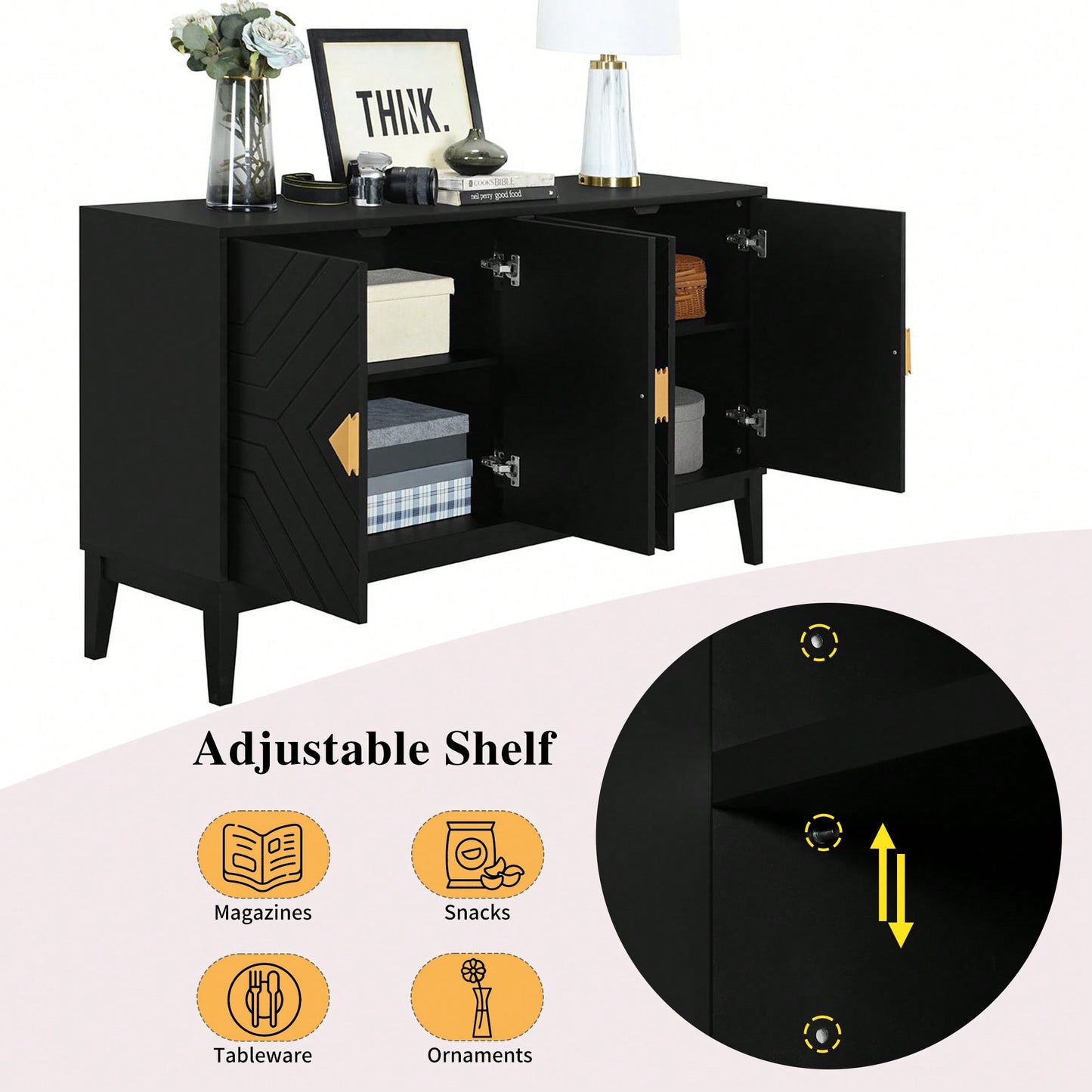 Elegant Black 4-Door Sideboard Storage Cabinet With Gold Handles And Adjustable Shelves For Living And Dining Rooms