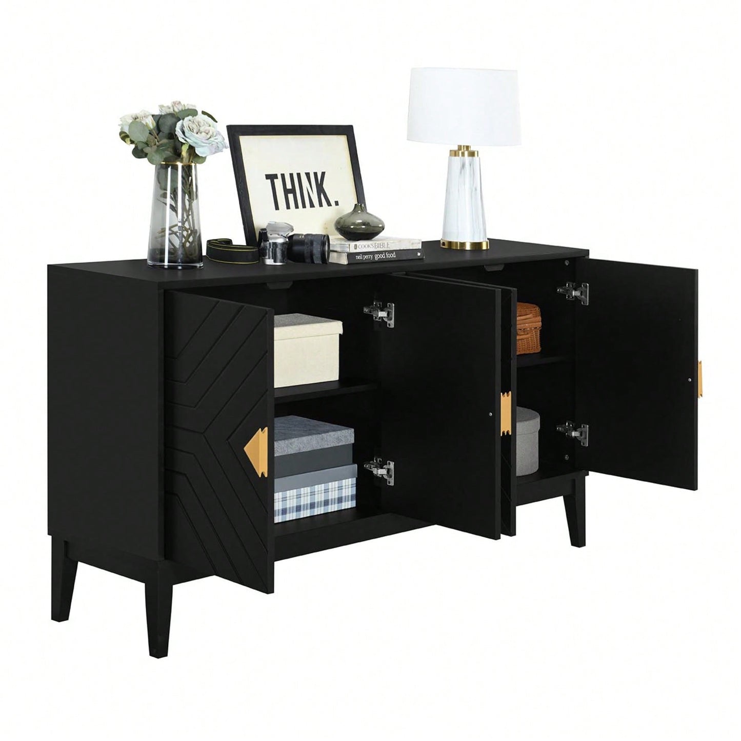 Elegant Black 4-Door Sideboard Storage Cabinet With Gold Handles And Adjustable Shelves For Living And Dining Rooms