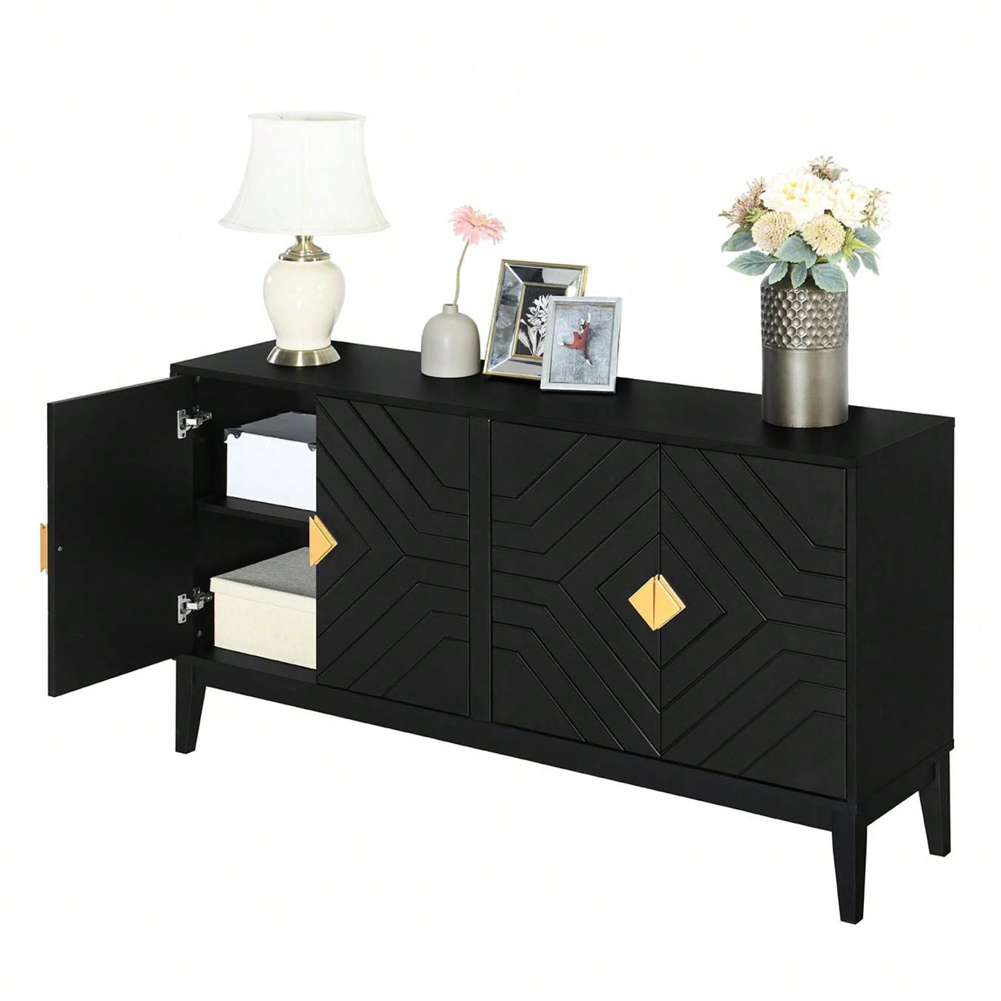 Elegant Black 4-Door Sideboard Storage Cabinet With Gold Handles And Adjustable Shelves For Living And Dining Rooms