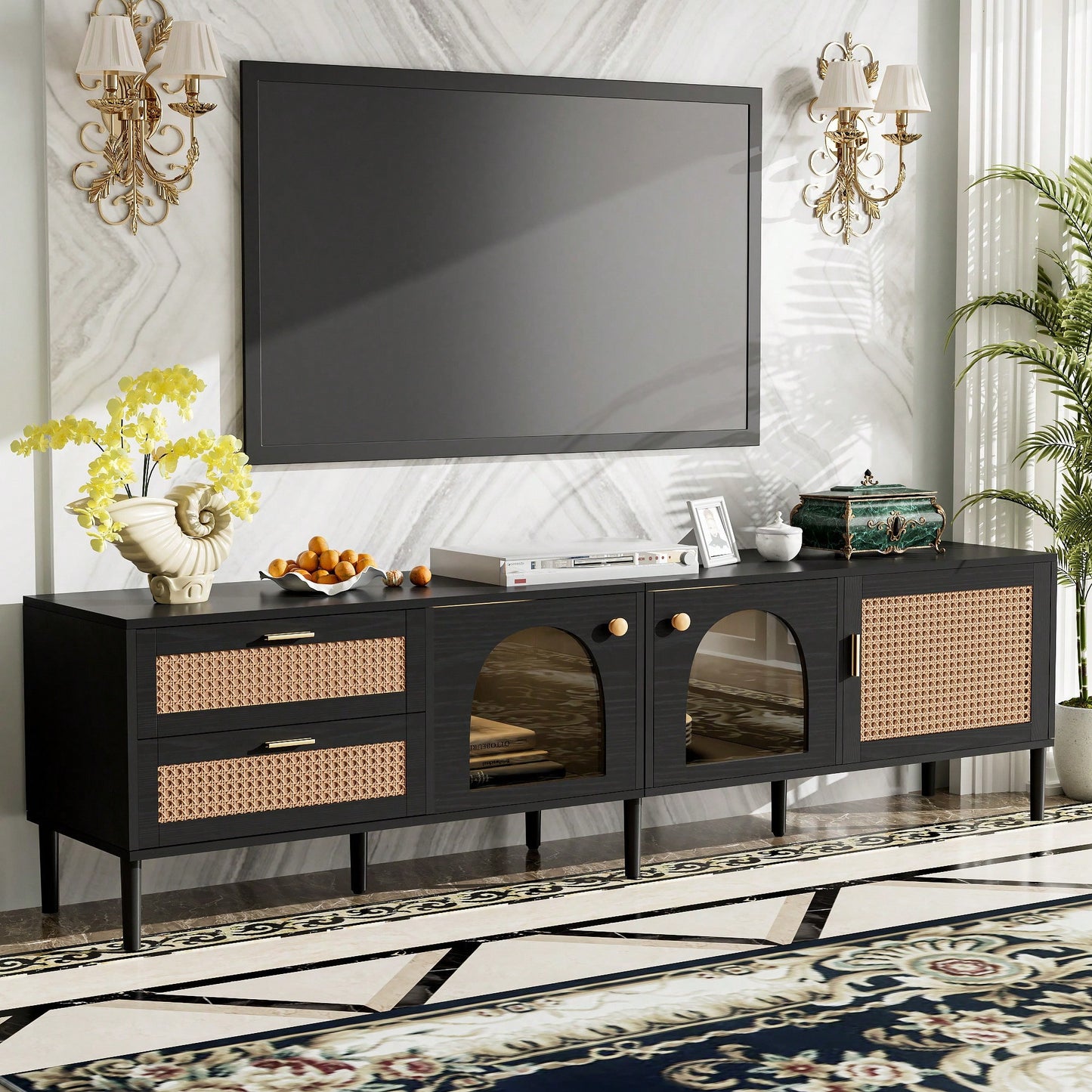 Rattan-Inspired TV Stand with 3 Cabinets and 2 Drawers for TVs Up to 80 Inches LED Light Entertainment Center for Living Room and Bedroom