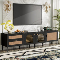 Rattan-Inspired TV Stand with 3 Cabinets and 2 Drawers for TVs Up to 80 Inches LED Light Entertainment Center for Living Room and Bedroom