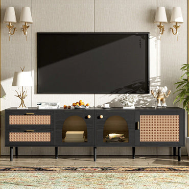 Rattan-Inspired TV Stand with 3 Cabinets and 2 Drawers for TVs Up to 80 Inches LED Light Entertainment Center for Living Room and Bedroom