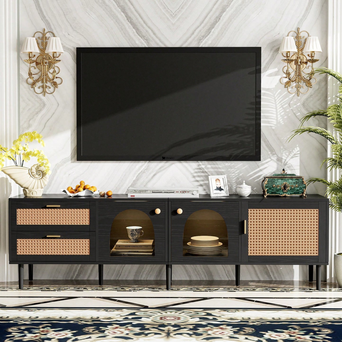 Rattan-Inspired TV Stand with 3 Cabinets and 2 Drawers for TVs Up to 80 Inches LED Light Entertainment Center for Living Room and Bedroom
