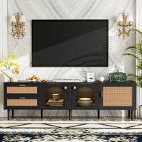 Rattan-Inspired TV Stand with 3 Cabinets and 2 Drawers for TVs Up to 80 Inches LED Light Entertainment Center for Living Room and Bedroom