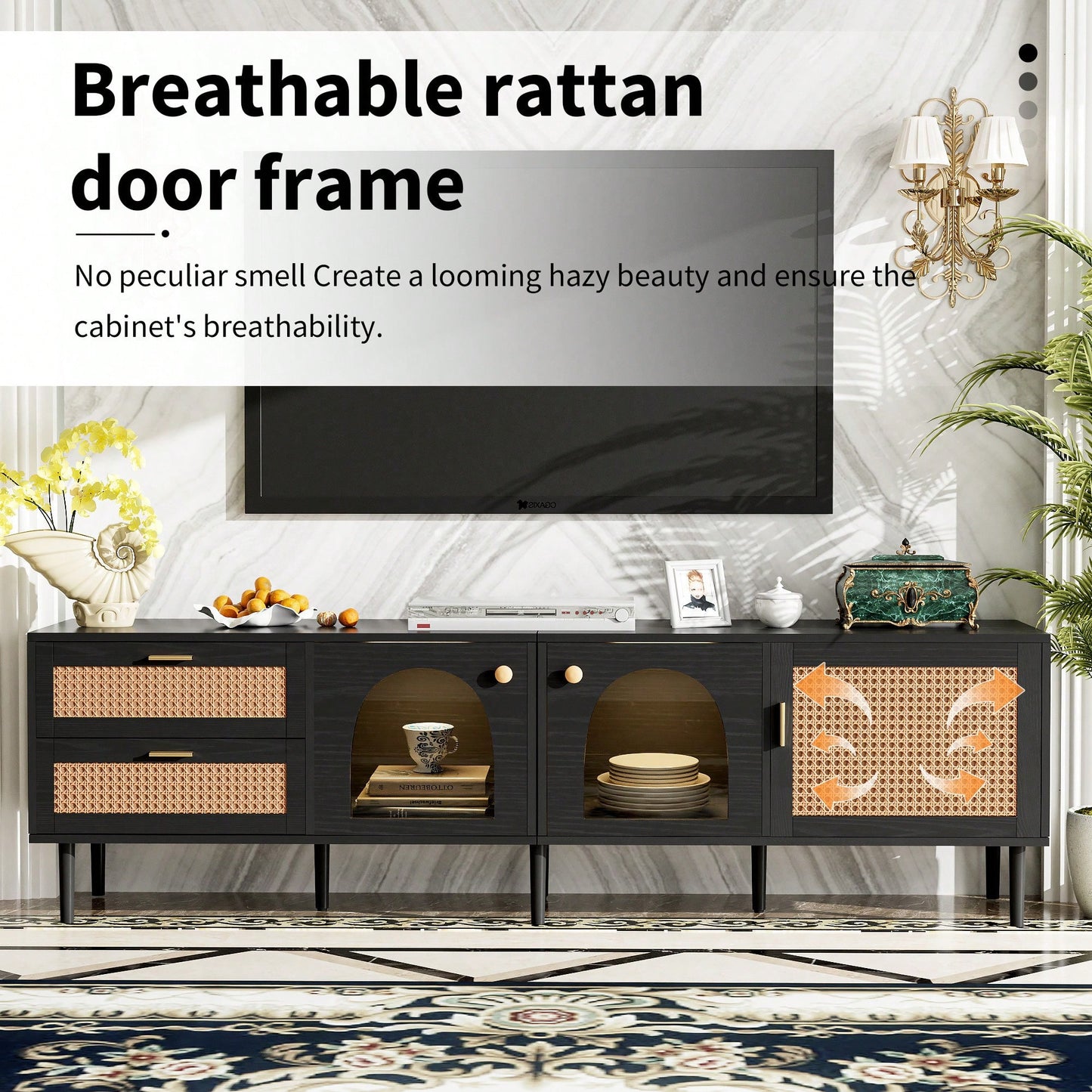 Rattan-Inspired TV Stand with 3 Cabinets and 2 Drawers for TVs Up to 80 Inches LED Light Entertainment Center for Living Room and Bedroom