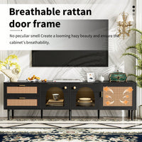 Rattan-Inspired TV Stand with 3 Cabinets and 2 Drawers for TVs Up to 80 Inches LED Light Entertainment Center for Living Room and Bedroom