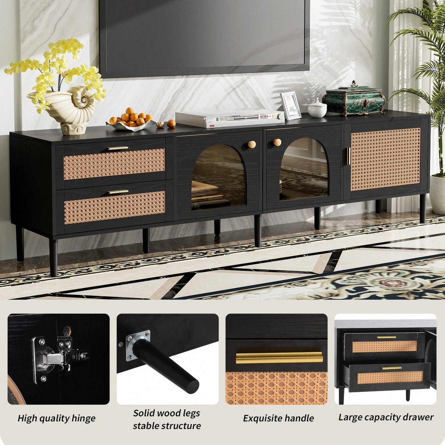 Rattan-Inspired TV Stand with 3 Cabinets and 2 Drawers for TVs Up to 80 Inches LED Light Entertainment Center for Living Room and Bedroom