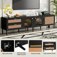 Rattan-Inspired TV Stand with 3 Cabinets and 2 Drawers for TVs Up to 80 Inches LED Light Entertainment Center for Living Room and Bedroom