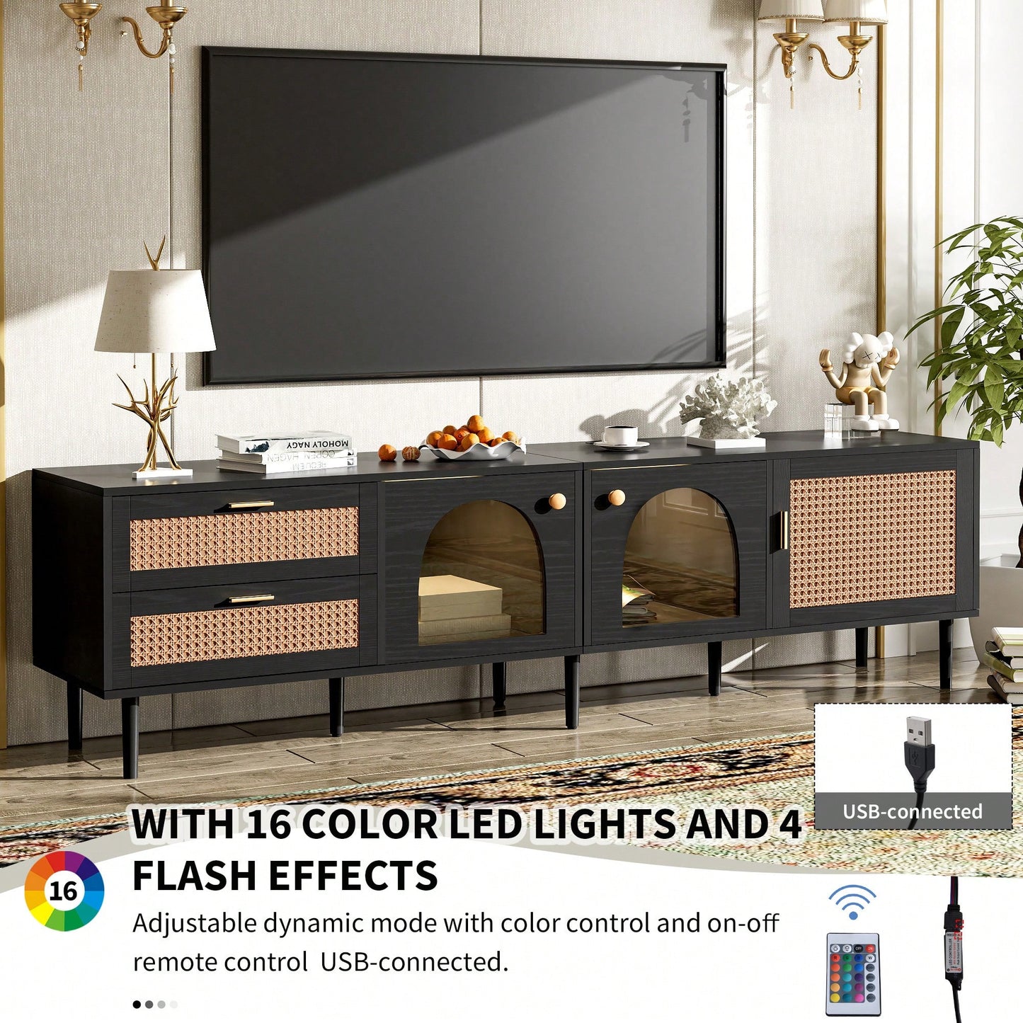 Rattan-Inspired TV Stand with 3 Cabinets and 2 Drawers for TVs Up to 80 Inches LED Light Entertainment Center for Living Room and Bedroom