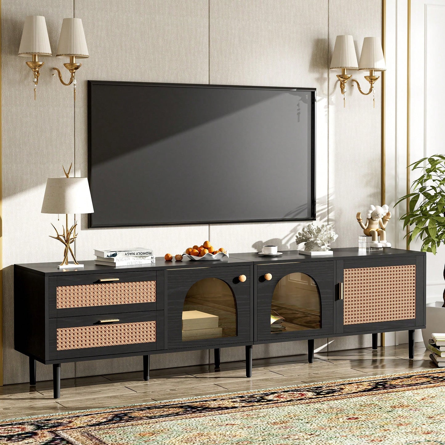 Rattan-Inspired TV Stand with 3 Cabinets and 2 Drawers for TVs Up to 80 Inches LED Light Entertainment Center for Living Room and Bedroom