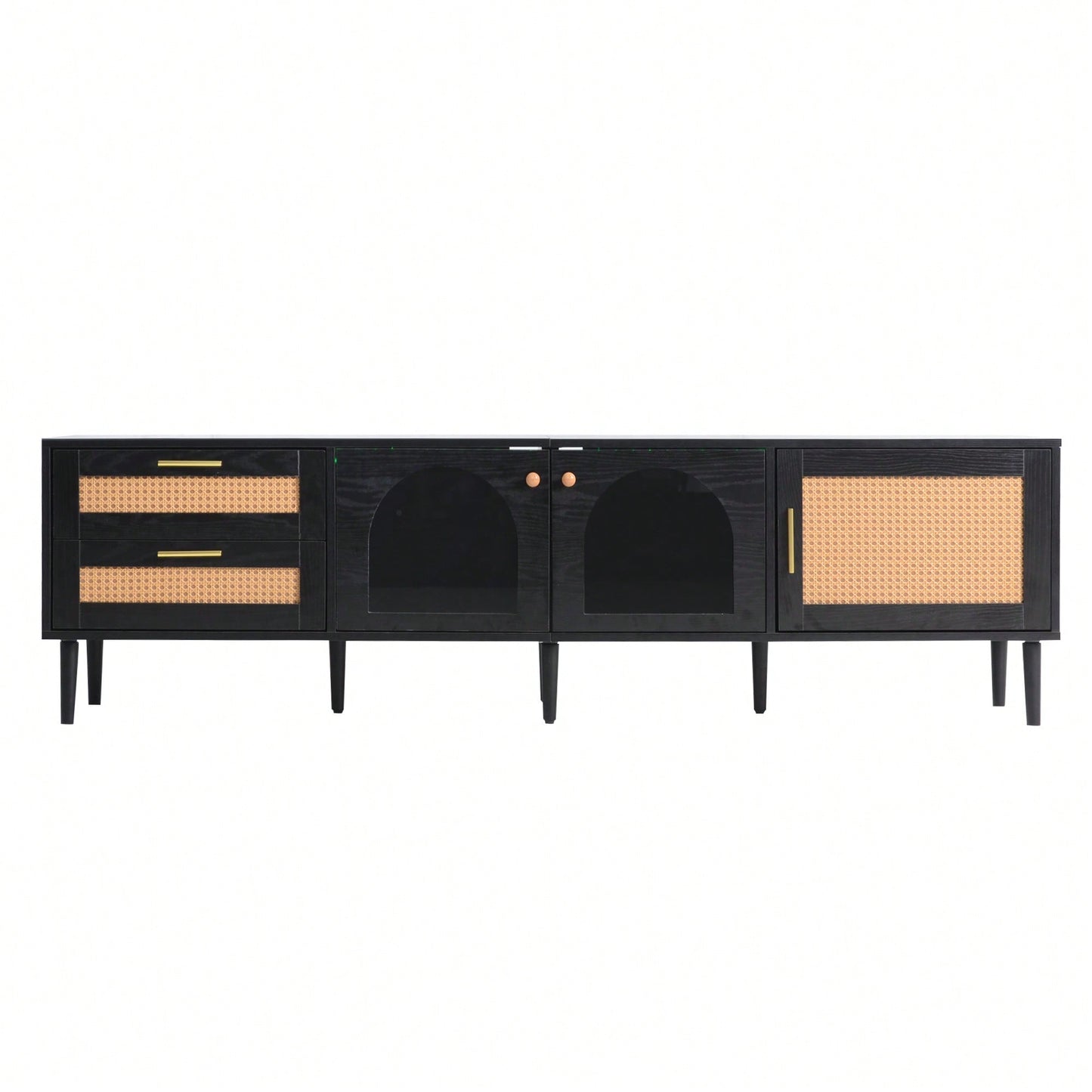 Rattan-Inspired TV Stand with 3 Cabinets and 2 Drawers for TVs Up to 80 Inches LED Light Entertainment Center for Living Room and Bedroom