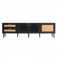 Rattan-Inspired TV Stand with 3 Cabinets and 2 Drawers for TVs Up to 80 Inches LED Light Entertainment Center for Living Room and Bedroom