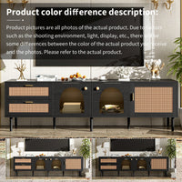 Rattan-Inspired TV Stand with 3 Cabinets and 2 Drawers for TVs Up to 80 Inches LED Light Entertainment Center for Living Room and Bedroom