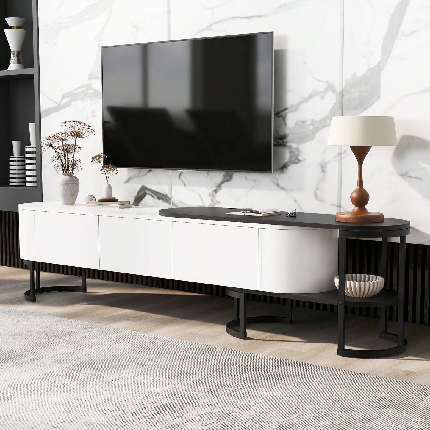 Modern Extendable TV Stand For 75 Inch TVs With 3 Drawers And Adjustable Metal Legs For Living Room Entertainment Center