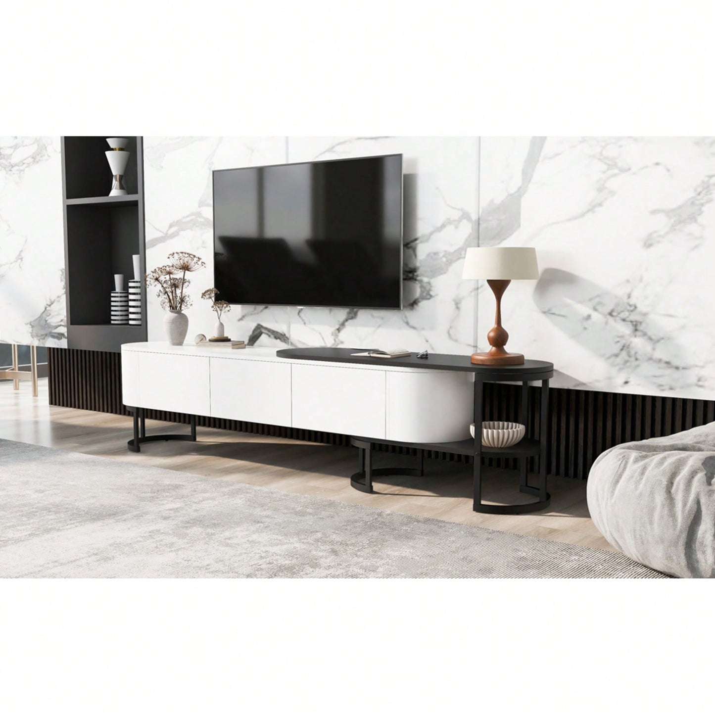 Modern Extendable TV Stand For 75 Inch TVs With 3 Drawers And Adjustable Metal Legs For Living Room Entertainment Center