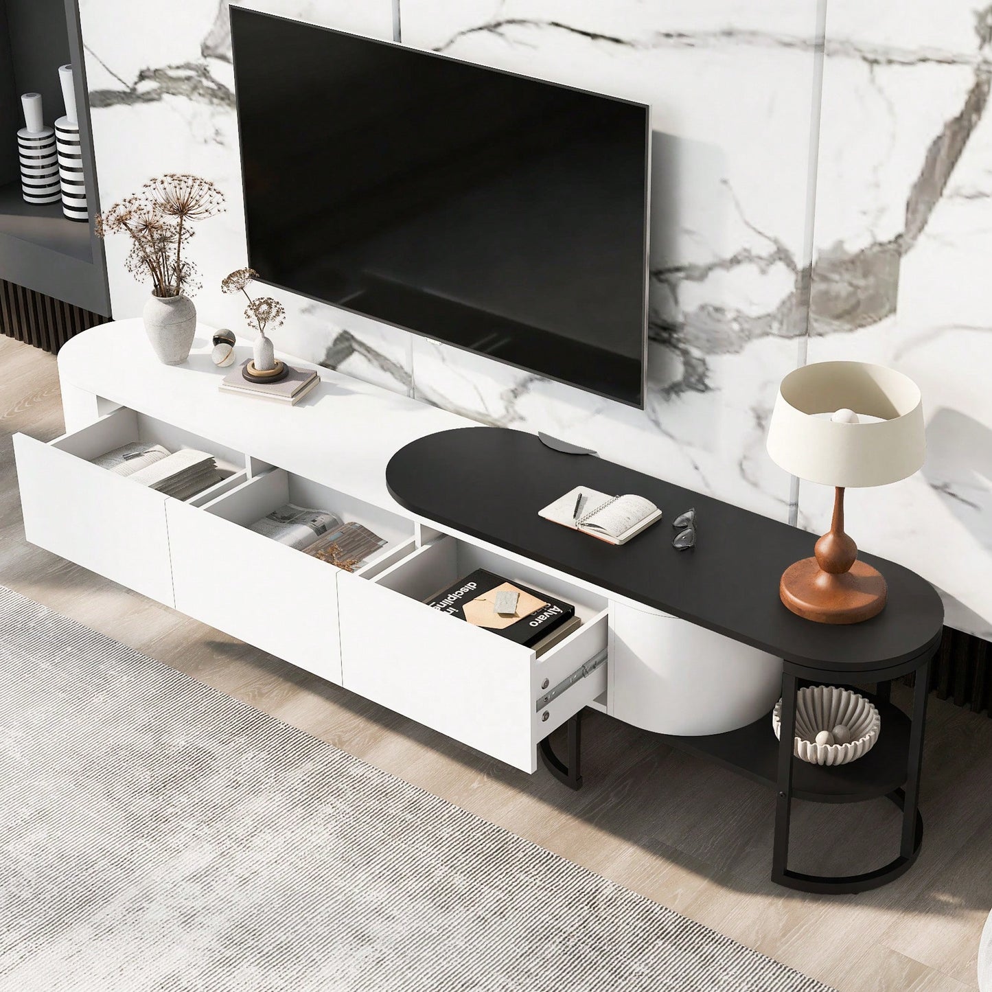 Modern Extendable TV Stand For 75 Inch TVs With 3 Drawers And Adjustable Metal Legs For Living Room Entertainment Center