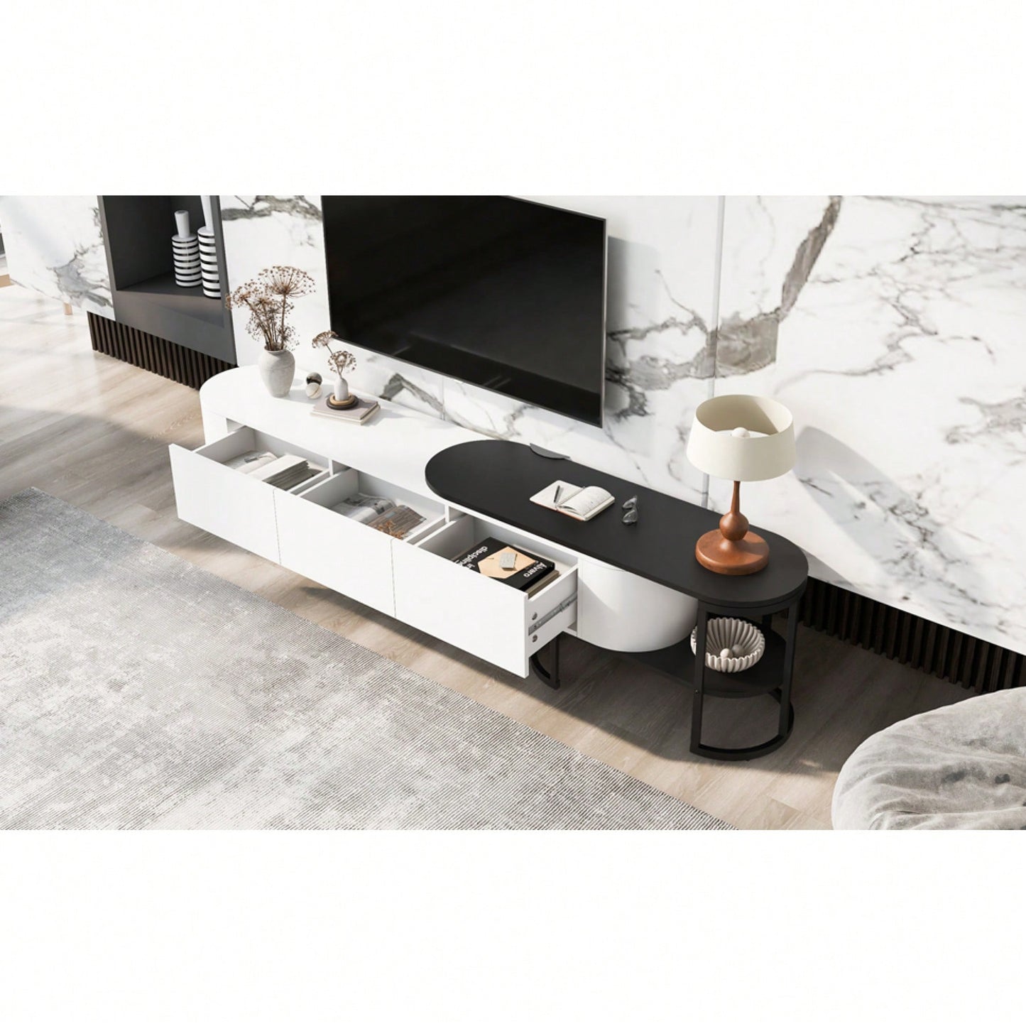 Modern Extendable TV Stand For 75 Inch TVs With 3 Drawers And Adjustable Metal Legs For Living Room Entertainment Center