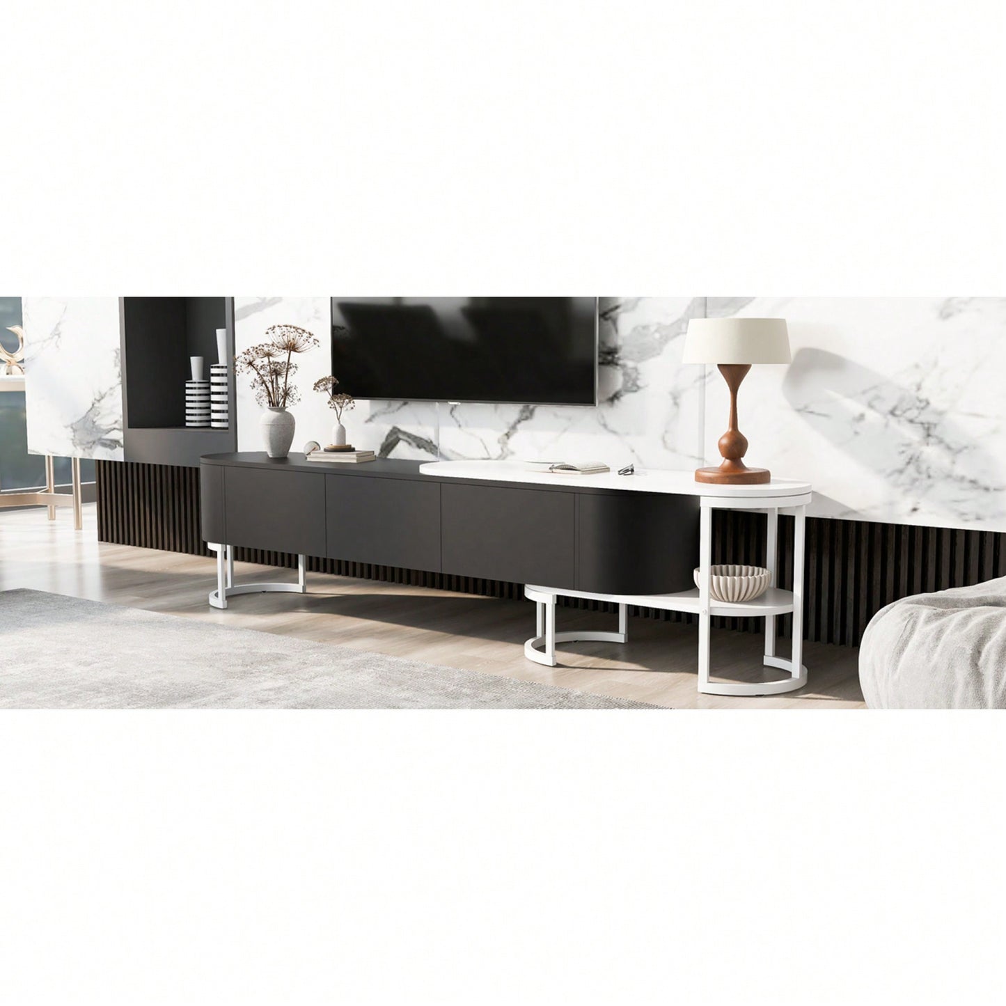 Modern Extendable TV Stand For 75 Inch TVs With 3 Drawers And Adjustable Metal Legs For Living Room Entertainment Center