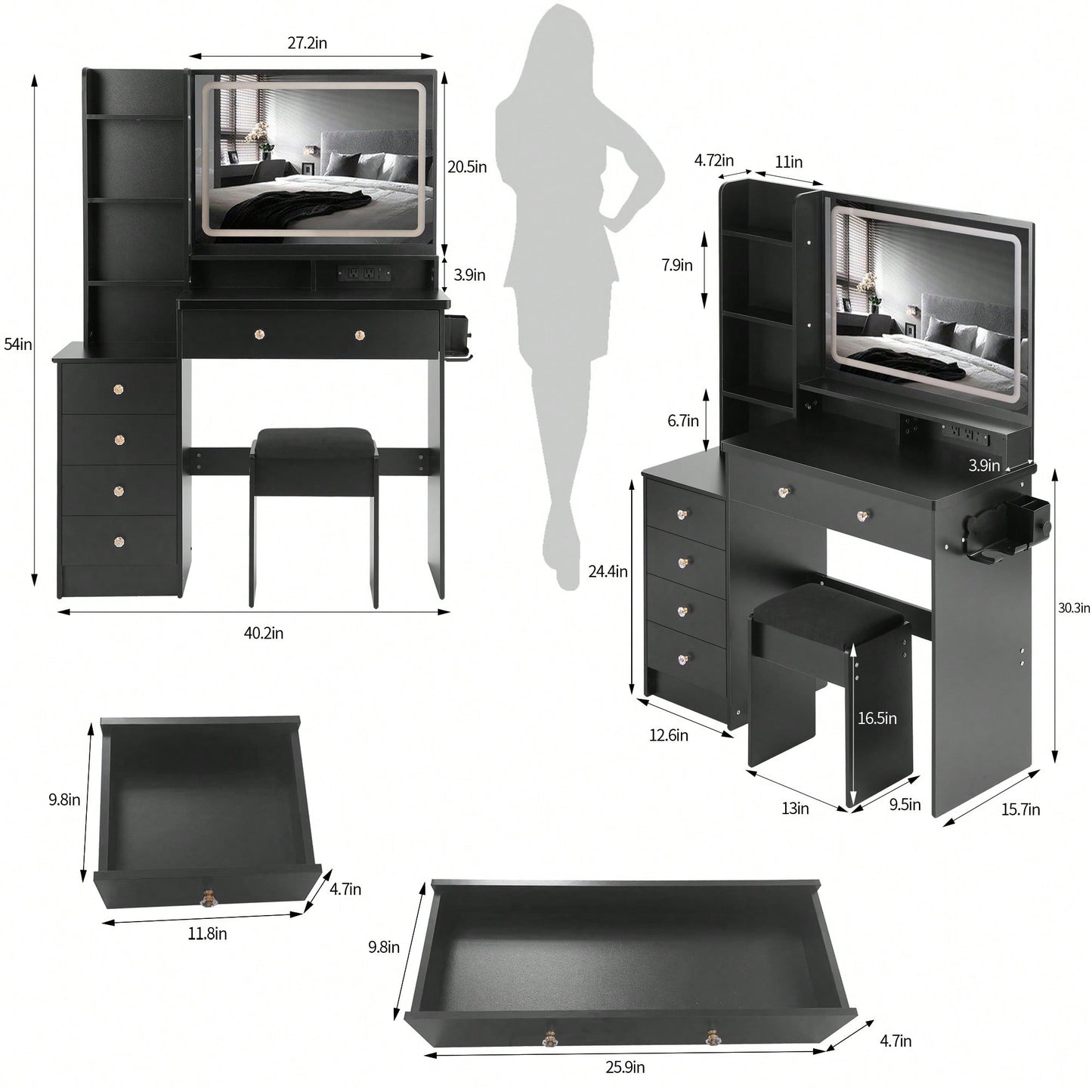 Large Vanity Table Set with Cushioned Stool, Touch Control LED Mirror, 2 USB Ports, Hair Dryer Stand, 3 Light Colors, EPA and UL Certified