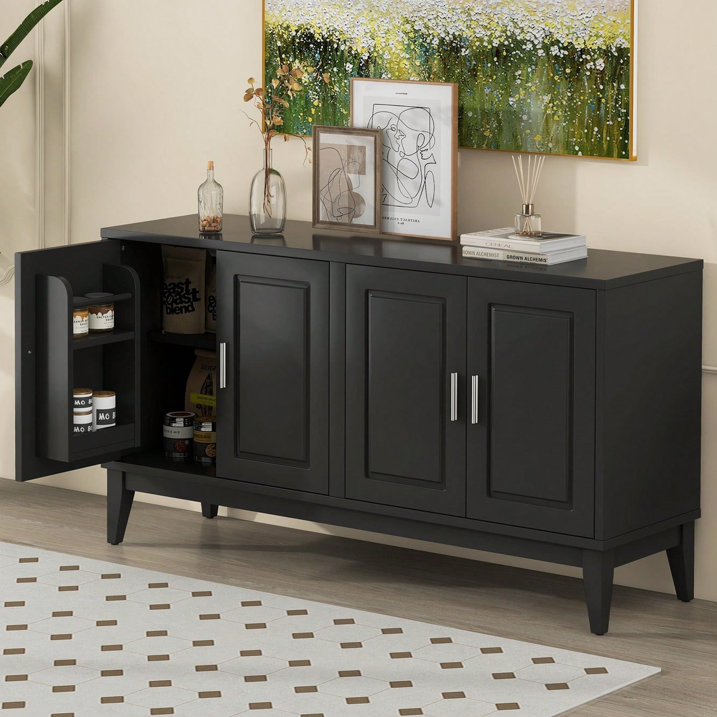 Elegant 4-Door Sideboard Storage Cabinet With Adjustable Shelves For Living Room And Dining Room, Black Finish