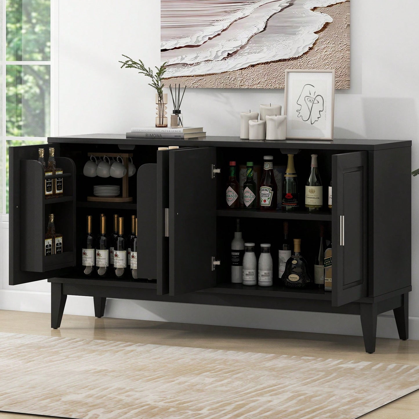 Elegant 4-Door Sideboard Storage Cabinet With Adjustable Shelves For Living Room And Dining Room, Black Finish