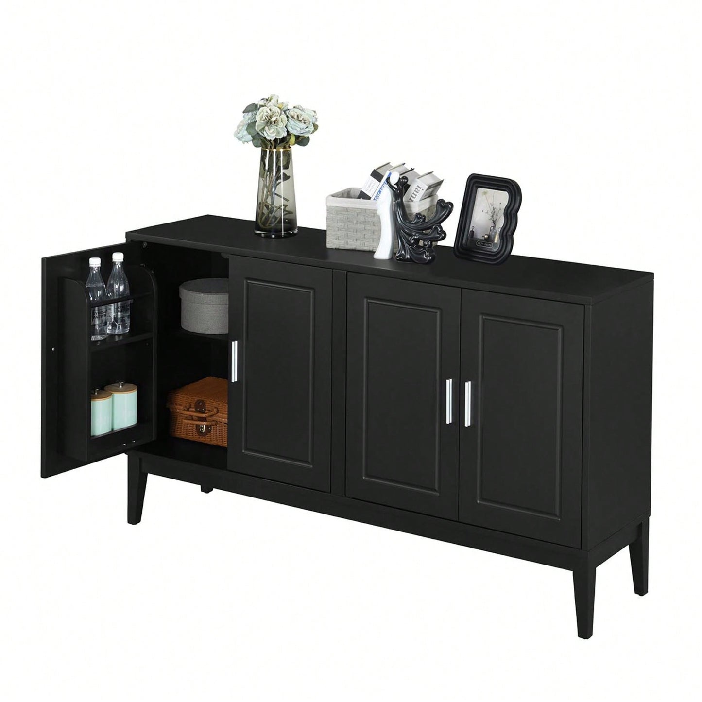 Elegant 4-Door Sideboard Storage Cabinet With Adjustable Shelves For Living Room And Dining Room, Black Finish