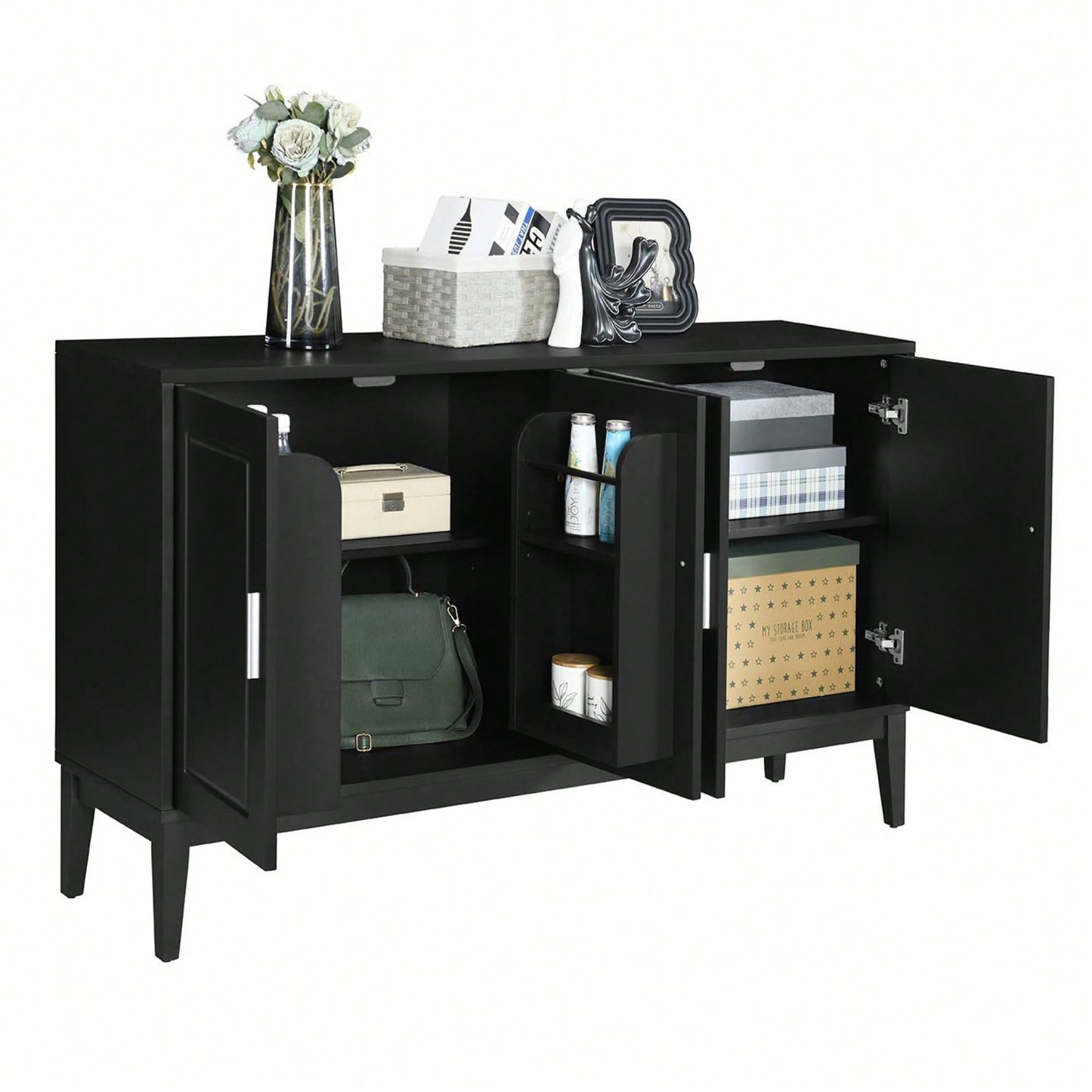 Elegant 4-Door Sideboard Storage Cabinet With Adjustable Shelves For Living Room And Dining Room, Black Finish