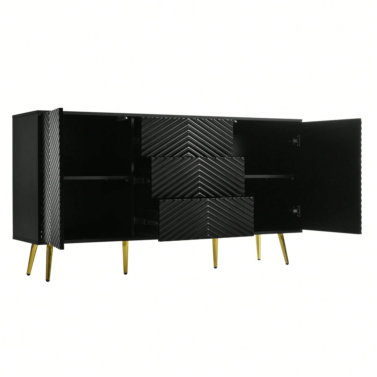 Geometric Line Design Sideboard With Conical Metal Legs And Central Drawers For Stylish Storage In Study, Entryway, And Living Room