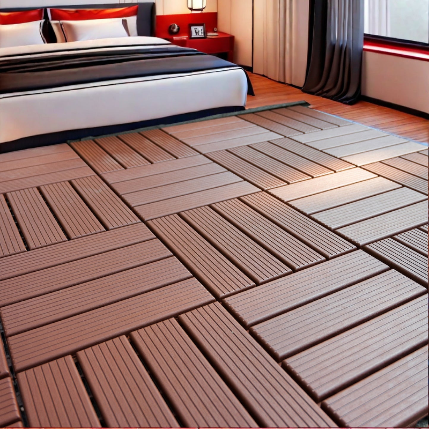 Brown Interlocking Plastic Deck Tiles For Outdoor Flooring - 44 Pack