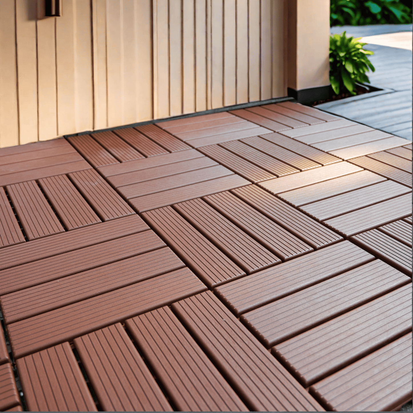 Brown Interlocking Plastic Deck Tiles For Outdoor Flooring - 44 Pack