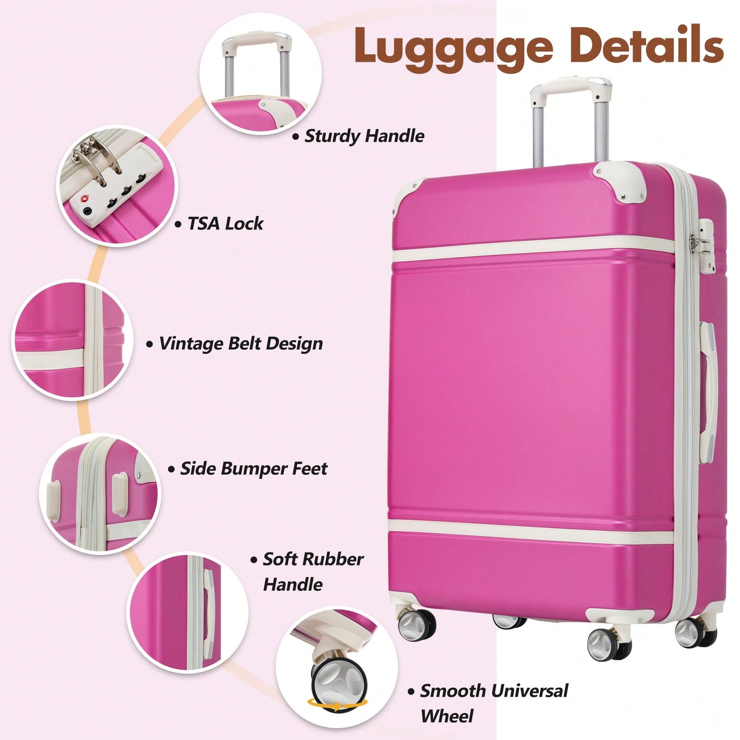 Lightweight Hardshell Luggage Set With Double Spinner Wheels And TSA Lock 28 Inch Vintage Style White Suitcase