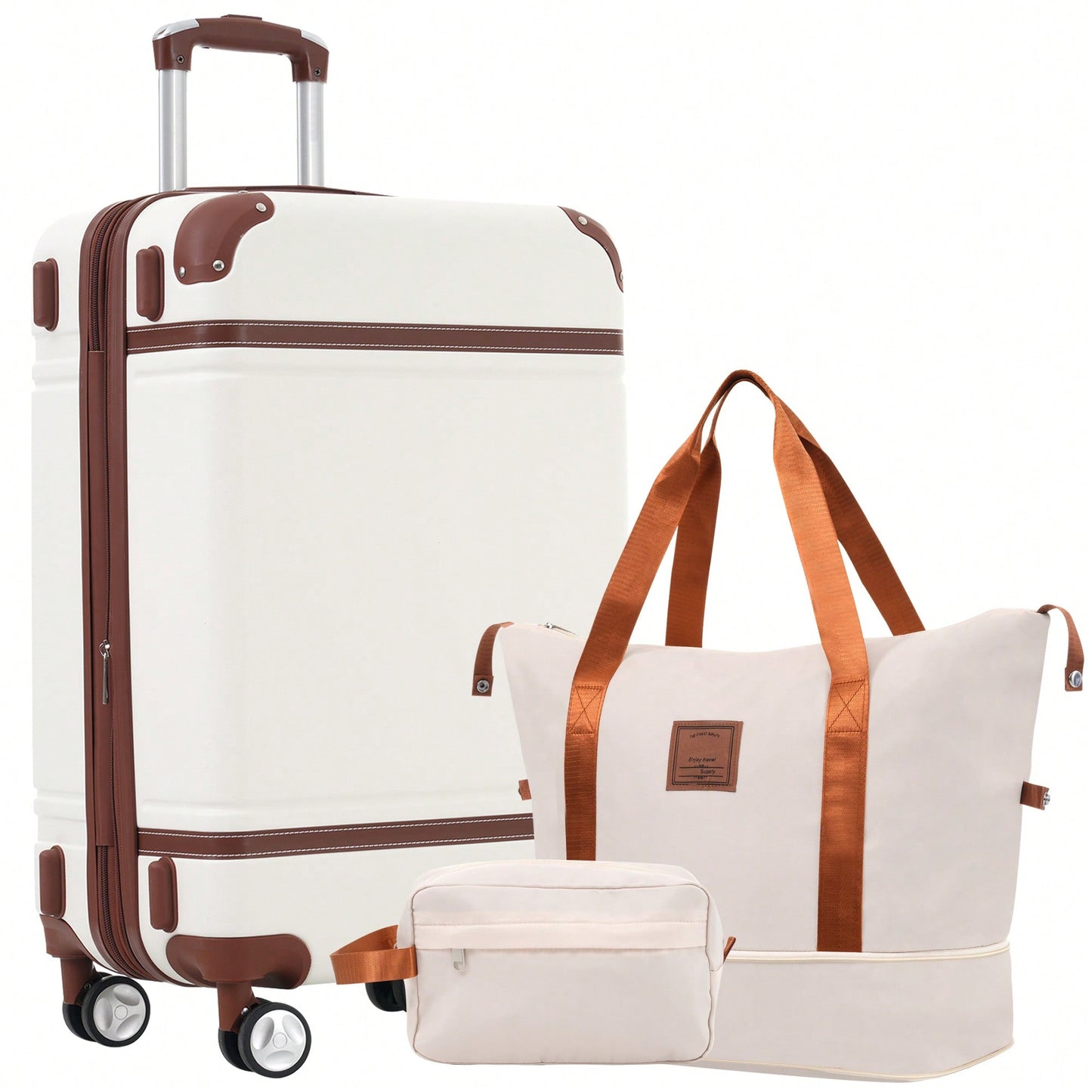 Lightweight Hardshell Luggage Set With Double Spinner Wheels And TSA Lock 28 Inch Vintage Style White Suitcase