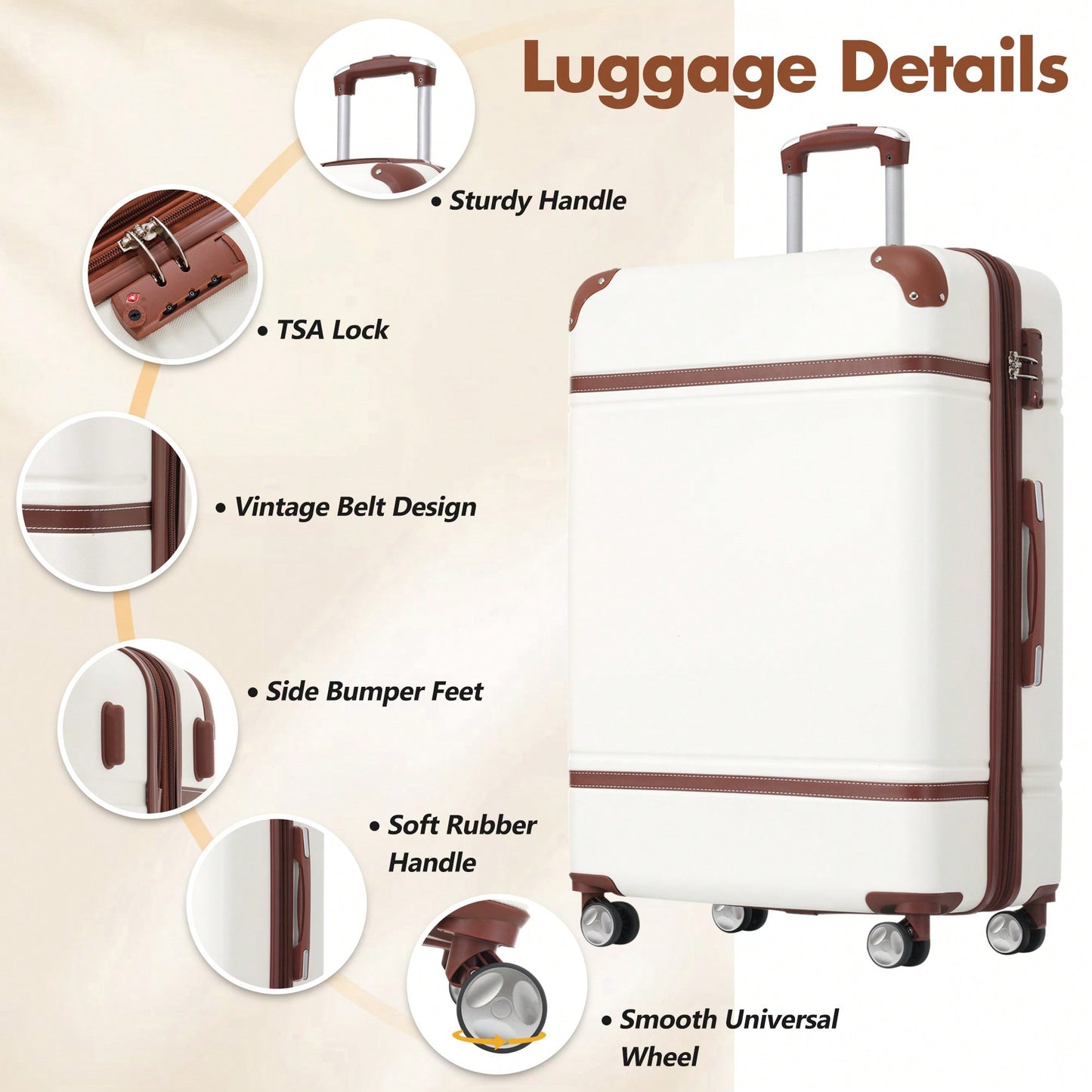 Lightweight Hardshell Luggage Set With Double Spinner Wheels And TSA Lock 28 Inch Vintage Style White Suitcase