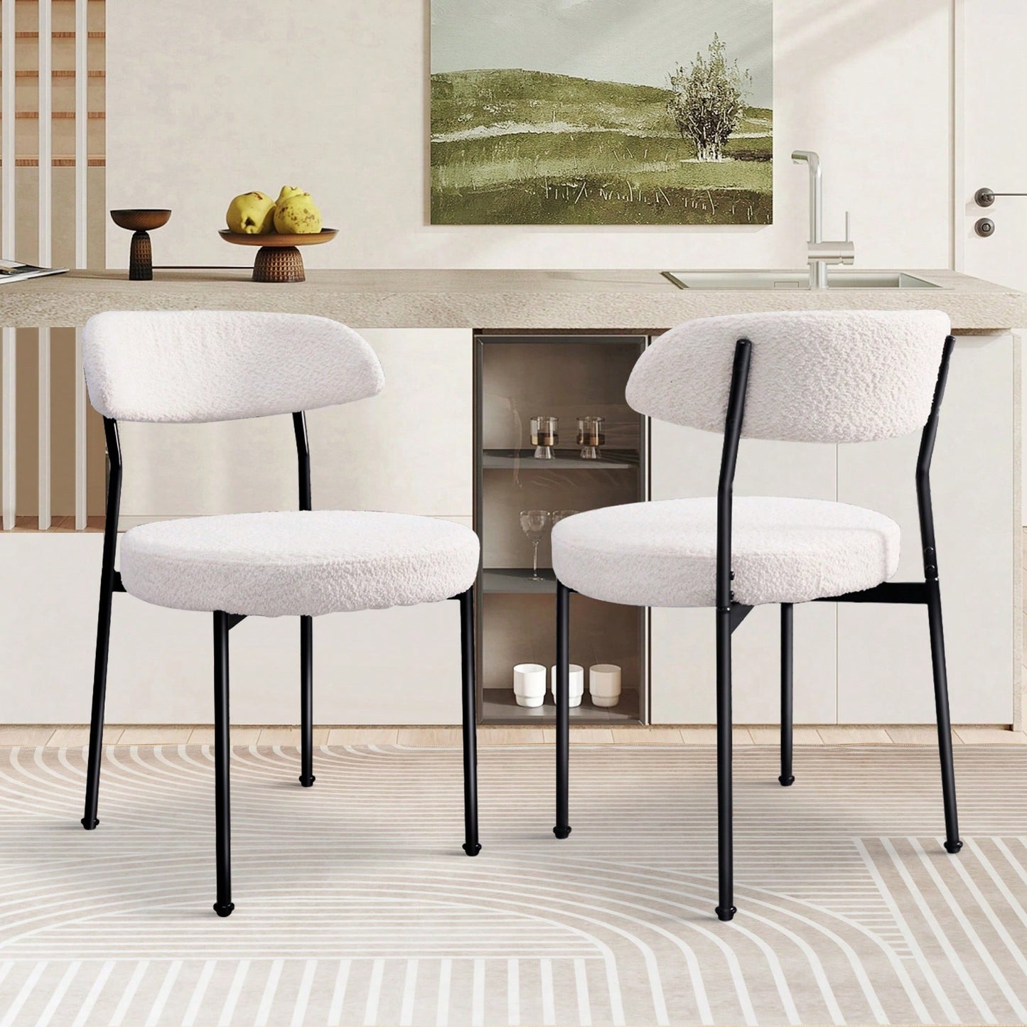 Curved Backrest Upholstered Dining Chairs With Metal Legs Set Of 2 In Beige