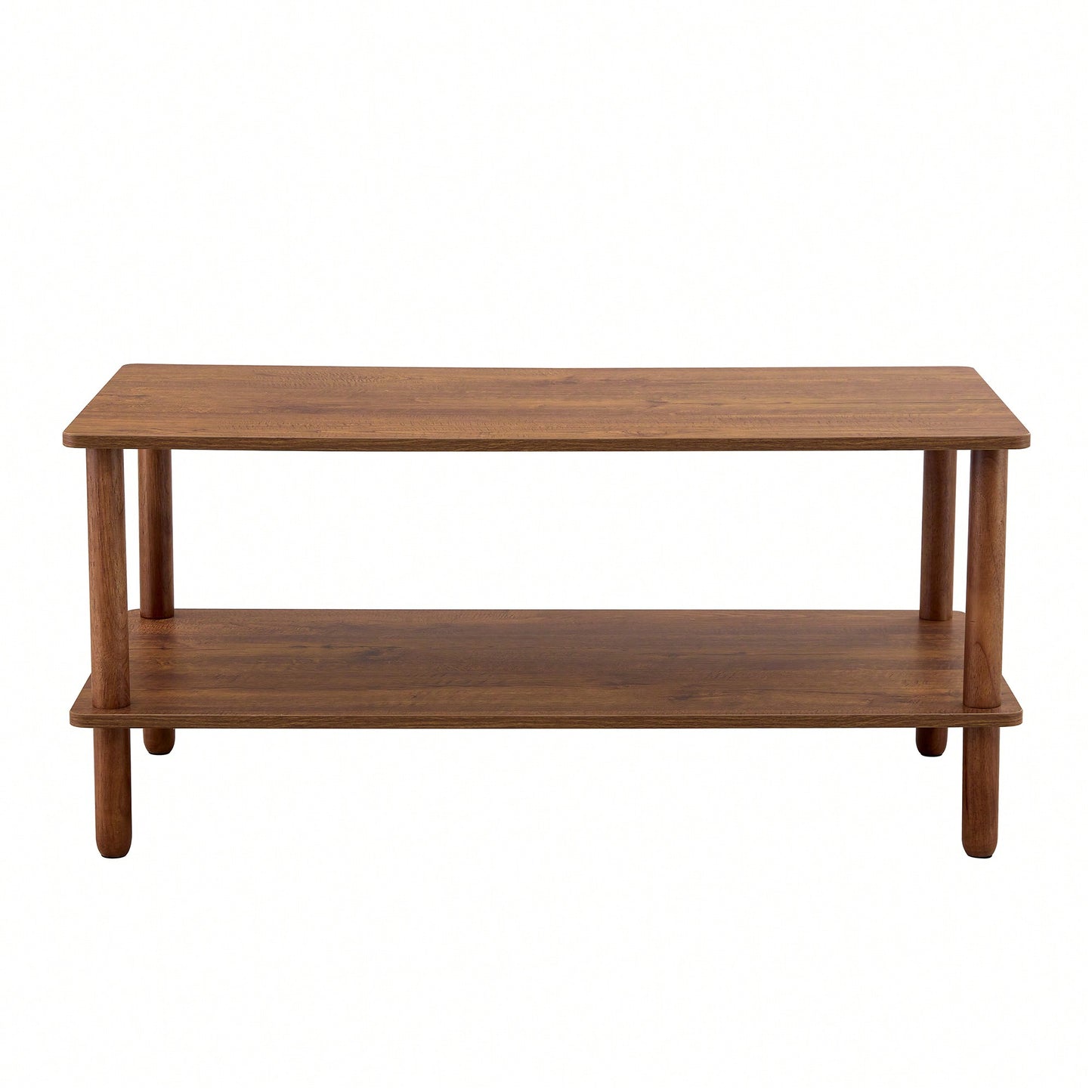 Stylish Rectangular 2-Tier Coffee Table For Living Room With Open Storage Shelf And Durable Rounded Rubberwood Legs