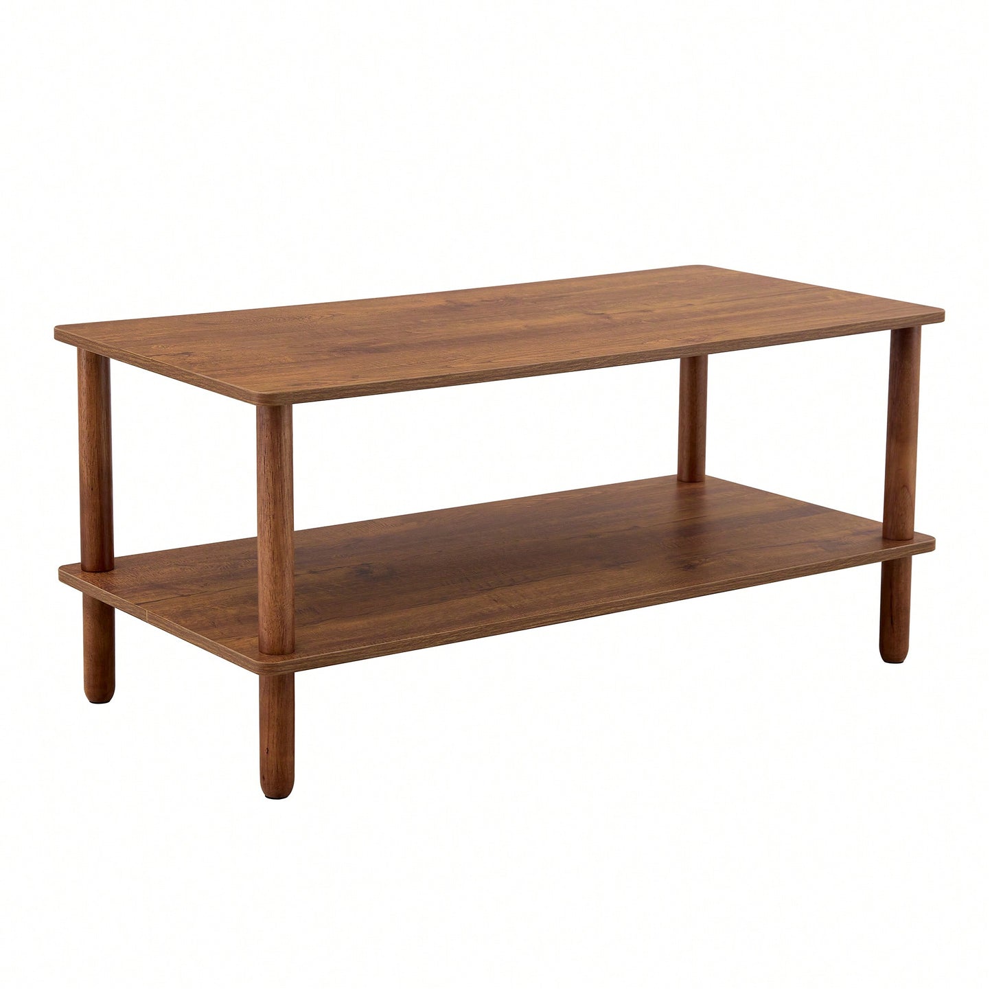 Stylish Rectangular 2-Tier Coffee Table For Living Room With Open Storage Shelf And Durable Rounded Rubberwood Legs