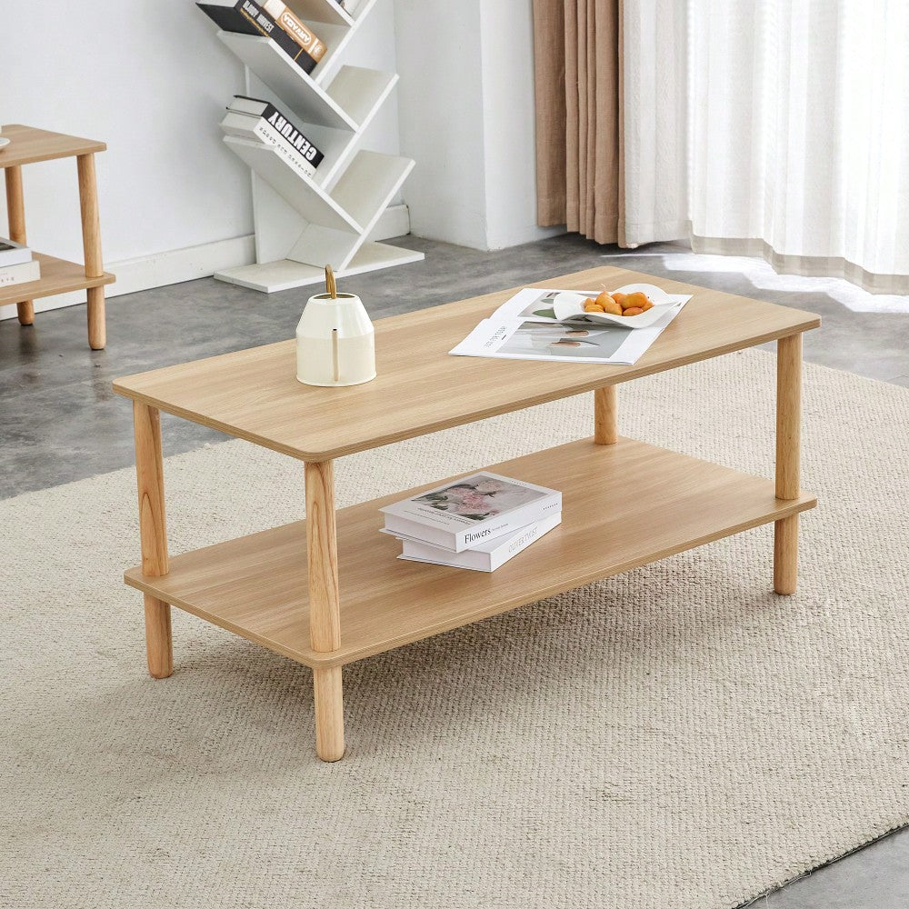 Stylish Rectangular 2-Tier Coffee Table For Living Room With Open Storage Shelf And Durable Rounded Rubberwood Legs